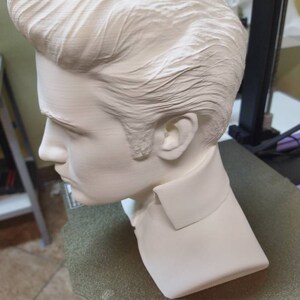 May include: A white 3D printed bust of a person with a sculpted hairstyle. The bust is shown from the side and features a sculpted collar.