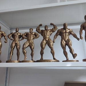 Puede incluir: Seis estatuas de bronce de culturistas en un estante blanco. Cada estatua está en una pose de culturismo diferente. Las estatuas están etiquetadas con los nombres de culturistas famosos.