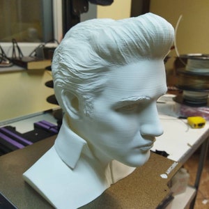 May include: A white 3D printed bust of a person with a pompadour hairstyle. The bust is sitting on a brown textured surface with the word "ANTCLIC" printed on it.