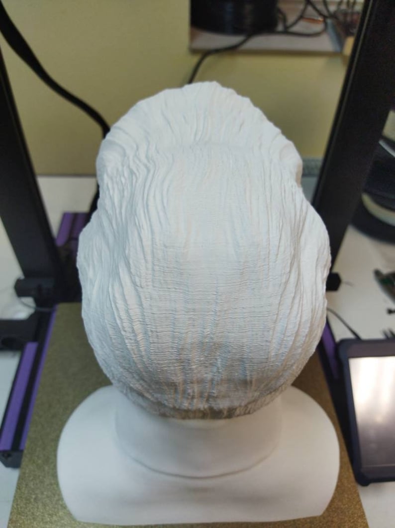 May include: White 3D printed bust of a person with a detailed hairstyle. The bust is sitting on a white base.