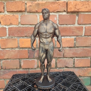 May include: A bronze-coloured figurine of a bodybuilder standing on a black base with the word "ARNOLD" inscribed on it. The figurine is detailed with muscle definition and has a realistic appearance.