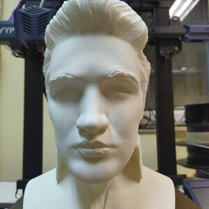 May include: A white 3D printed bust of a person with short, styled hair. The bust is a realistic depiction of a person's head and shoulders.