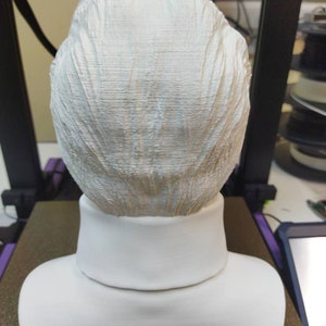 May include: White 3D printed bust of a person with a high collar. The bust is facing away from the camera and the back of the head is visible.