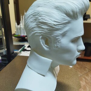 May include: A white 3D printed bust of a person with a short, slicked-back hairstyle. The bust is on a brown surface with a warning label that reads "Caution High Temperature".