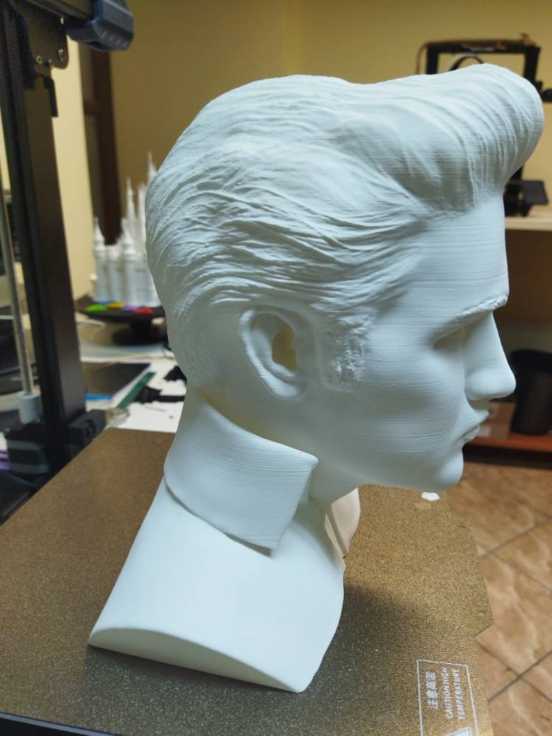 May include: A white 3D printed bust of a person with a short, slicked-back hairstyle. The bust is on a brown surface with a warning label that reads "Caution High Temperature".