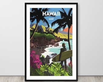 May include: A retro-style travel poster featuring a surfer standing on a beach in Hawaii. The poster has a blue sky, green palm trees, and a turquoise ocean. The text on the poster reads "Hawaii" and "Maui".