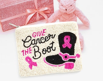 Give Cancer The Boot Message Seed Beaded Pink Ribbon Mini Pouch Bag