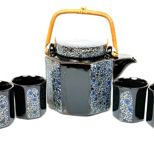 Vintage 1970s TAKAHASHI Teapot & 4 Cups  Blue  Brown Japanese San Francisco EUC. Mid-Century. hand painted.