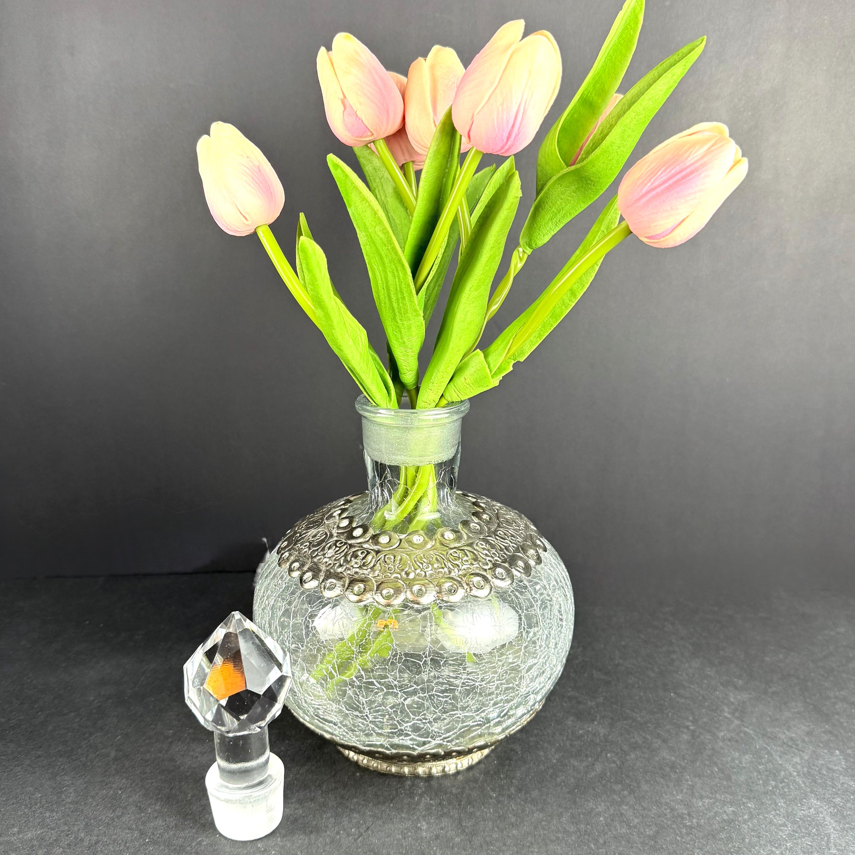 ヴィンテージクラックルガラスデキャンタ：シルバーブラスオーバーレイ