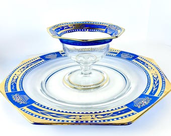 Vintage Blown Glass Hand Painted Blue & Gold Enamel Serving Dish/Sauce Bowl Set