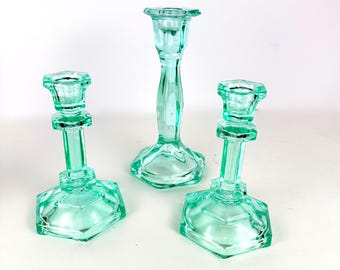 Vintage Set Of 3 Aqua Ice Blue Art Deco Glass Candlesticks Holders. Mid-Century Modern.
