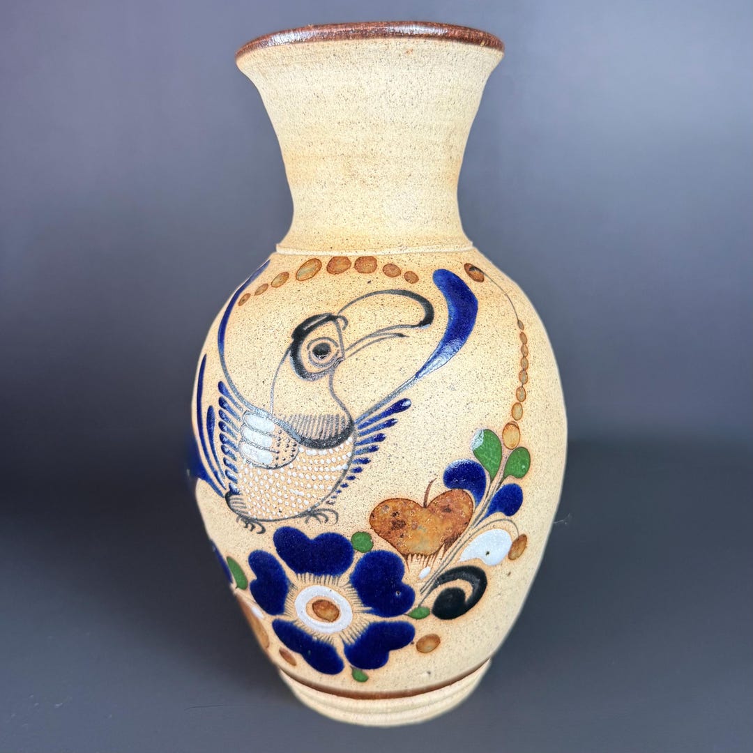 アンティーク雑貨 Vintage Talavera Mexican FolkArt Pottery Vintage Talavera Pottery Vase: Mexican Folk Art Bird & Butterfly