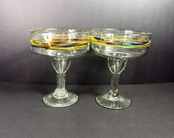 Vintage Crate & Barrel Set of 2 Handmade in Mexico Margarita Glasses Striped