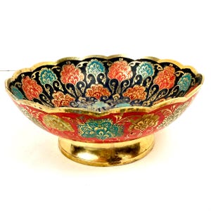 Vintage Brass Cloisonné Bowl: Floral Enamel Scalloped Edge Decor