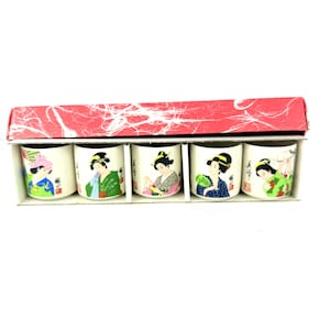 Japanische GEISHA Porzellan SAKI Tassen - 5er Set, 3,5 Zoll, Vintage. Neu W/Box