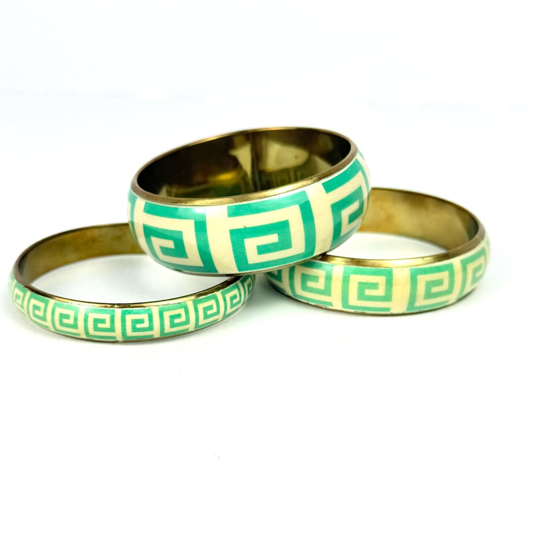 Vintage Brass Bangle Set of 3: Teal Greek Key Acrylic Bangles - Etsy