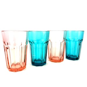 Retired Vintage Ikea Pokal Gläser 2 Teal Blue & 2 Rosa Glasbecher Made In Russland. Retro