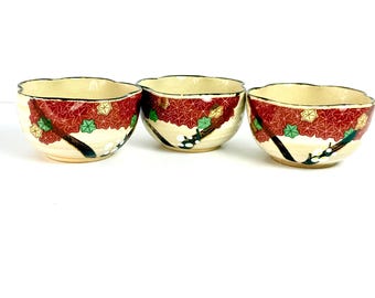 Vintage Unkin Full Cherry Blossoms & Maple Tree Kyo ware skålar Se av 3 japanska