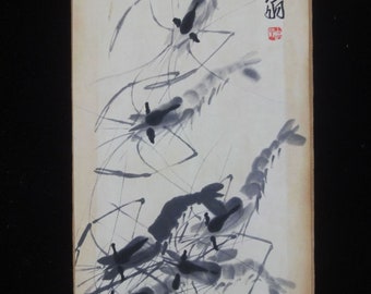 Old Chinese Hard Paper Hand Painted Vivid Shrimps Painting Panel "QiBaiShi" Mark