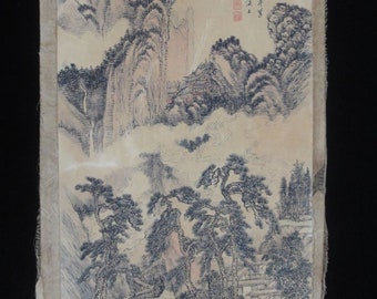 Very Large Chinese Old Hand Painting Mountains and Buildings "WangHui" Marks