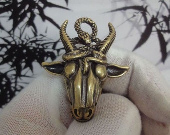 Retro Pure Brass Snake and Goat Head Statue Pendant with Gift Box