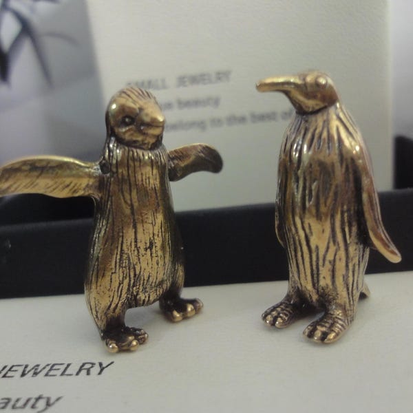 Retro Brass Penguin Couple Figurines Pair Statues with Gift Box for Anniversary