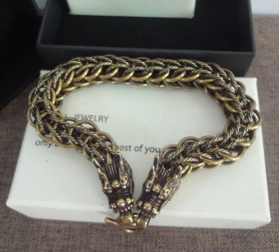 Antiqued Solid Brass Two Dragons Figurine Statues… - image 3