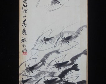 Old Chinese Hand Painted Shrimps Hard Paper Painting Panel "QiBaiShi" Signed