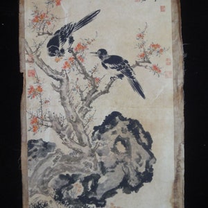 Very Large Old Chinese Hand Painting Flowers and Birds "YuanShangTong" Marks