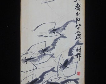 Chinese Old Hand Painting Vivid Shrimps on Hard Paper Panel Signed "QiBaiShi"