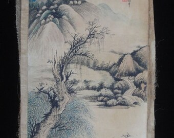 Very Fine Large Old Chinese Hand Painting Hills River Trees with "WuHuFan" Mark