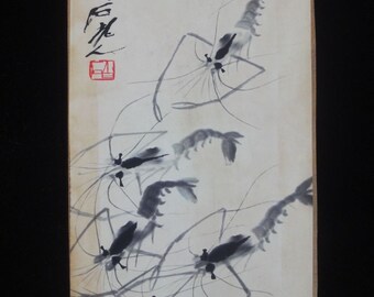 Old Chinese Hand Painted Shrimps Hard Paper Panel Painting "QiBaiShi" Signed