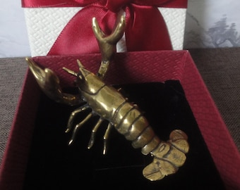 Vintage Solid Brass Crawfish Statue Crayfish Pen Rest Holder with Red Gift Box