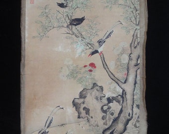 Very Fine Large Chinese Old Hand Painting Birds and Tree Signed "LvJi"