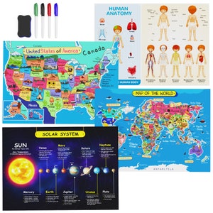 Kids Learning Placemats 4 Wipe Clean Mats Markers and Eraser
