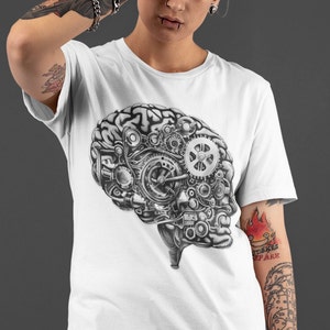 Steampunk Brain Anatomy Tee - Mechanical Mind Design, Monochrome, Unique Fashion