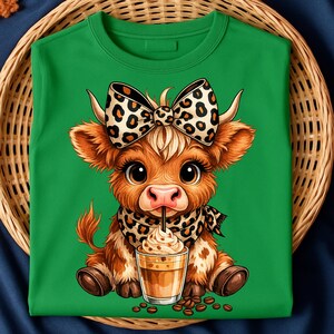 Puede incluir: Sudadera verde con una vaca de dibujos animados con un lazo y una bufanda con estampado de leopardo, sosteniendo una bebida de caf&eacute;. La vaca tiene ojos grandes y est&aacute; sentada. Los granos de caf&eacute; est&aacute;n esparcidos alrededor de la bebida.