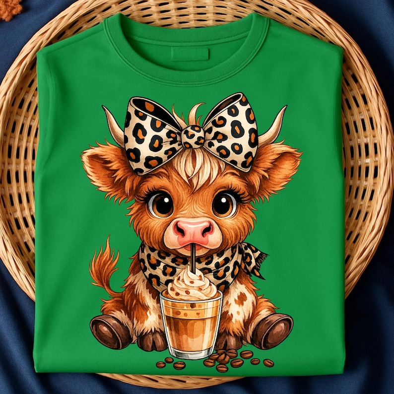 Puede incluir: Sudadera verde con una vaca de dibujos animados con un lazo y una bufanda con estampado de leopardo, sosteniendo una bebida de caf&eacute;. La vaca tiene ojos grandes y est&aacute; sentada. Los granos de caf&eacute; est&aacute;n esparcidos alrededor de la bebida.