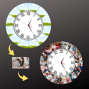 May include: Two round wall clocks. One clock features a landscape design with Roman numerals and black hands. The other clock is a collage of family photos with Roman numerals and black hands. Both clocks have a black border.