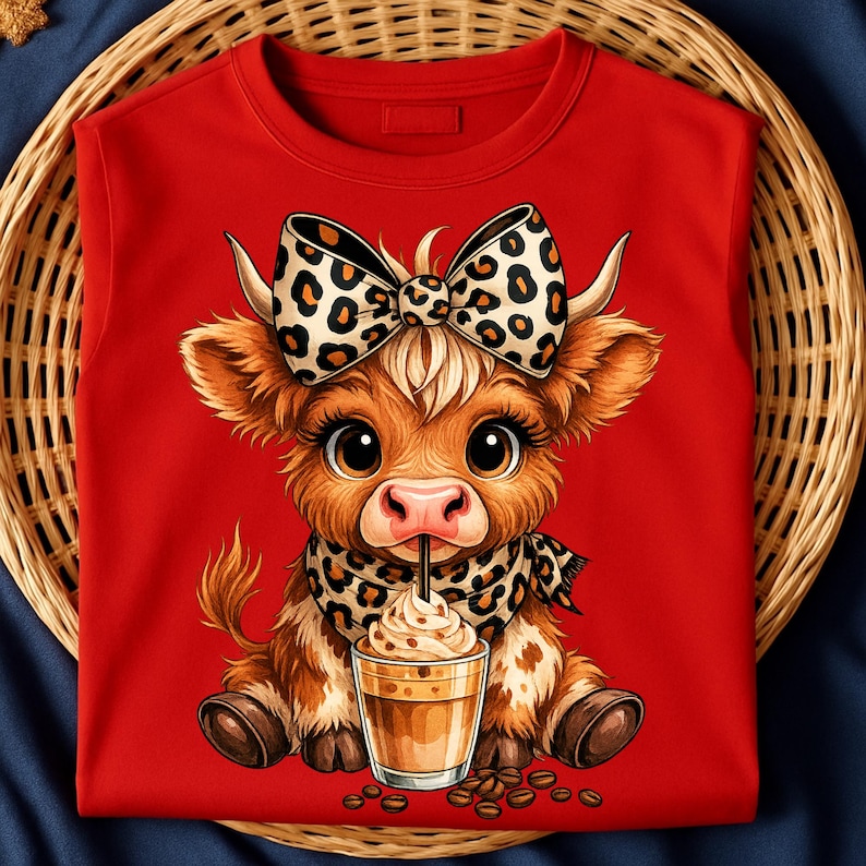 Puede incluir: Sudadera roja con un dise&ntilde;o de vaca de dibujos animados. La vaca tiene un lazo y una bufanda con estampado de leopardo y est&aacute; bebiendo caf&eacute;. Los granos de caf&eacute; est&aacute;n esparcidos alrededor de la bebida. La vaca es marr&oacute;n y blanca.