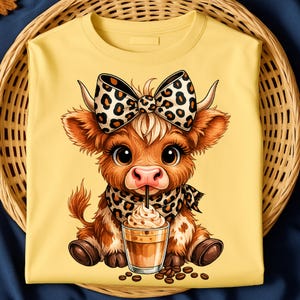 Puede incluir: Camiseta amarilla con un dise&ntilde;o de vaca de dibujos animados. La vaca tiene un lazo y una bufanda con estampado de leopardo y est&aacute; bebiendo de una taza de caf&eacute; con crema batida. Los granos de caf&eacute; est&aacute;n esparcidos alrededor de la taza. La camiseta est&aacute; doblada en una cesta.