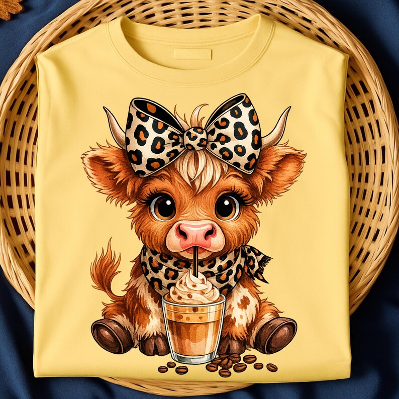 Puede incluir: Camiseta amarilla con un dise&ntilde;o de vaca de dibujos animados. La vaca tiene un lazo y una bufanda con estampado de leopardo y est&aacute; bebiendo de una taza de caf&eacute; con crema batida. Los granos de caf&eacute; est&aacute;n esparcidos alrededor de la taza. La camiseta est&aacute; doblada en una cesta.