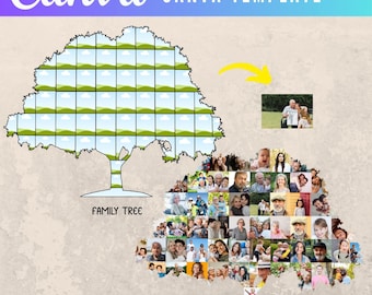 May include: A Canva template for a family tree photo collage. The template is shaped like a tree with a grid of squares for photos. The text "FAMILY TREE" is below the tree. A sample photo of a family is shown in the top right corner.