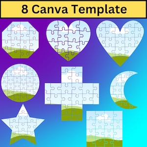 Op de afbeelding: Acht Canva-sjablonen met verschillende vormen met een puzzelontwerp van een blauwe lucht, witte wolken en groen gras. De vormen omvatten een hart, een ster, een cirkel, een halve maan, een vierkant, een zeshoek en een kruis.