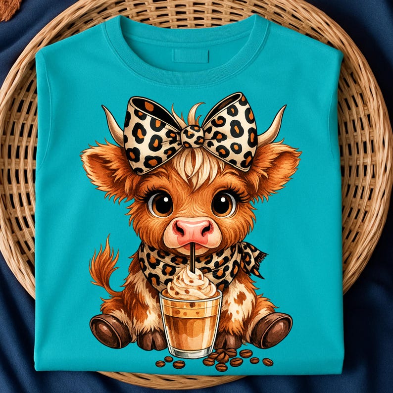 Puede incluir: Una camiseta sin mangas turquesa con un dise&ntilde;o de vaca de dibujos animados. La vaca tiene un lazo y una bufanda con estampado de leopardo y est&aacute; bebiendo caf&eacute;. Los granos de caf&eacute; est&aacute;n esparcidos alrededor de la bebida.