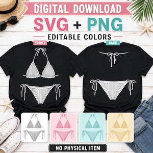 May include: A black t-shirt featuring a white line art graphic of a bikini on the front and back. The design includes a halter top and tie-side bottoms. The image displays digital download text, SVG and PNG file formats, and editable colors.
