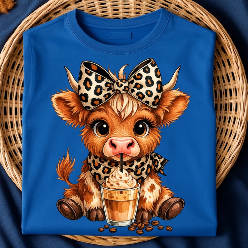 Puede incluir: Sudadera azul con una ilustraci&oacute;n de dibujos animados de una vaca de las Tierras Altas. La vaca tiene un lazo y una bufanda con estampado de leopardo y est&aacute; bebiendo caf&eacute;. La vaca es marr&oacute;n con ojos grandes. Los granos de caf&eacute; est&aacute;n esparcidos alrededor de la bebida.