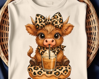 Coffee Addict Highland Cow PNG Sublimation – Digital Download | Leopard Print Coquette Bow | Moody Coffee Lover Cow Clipart
