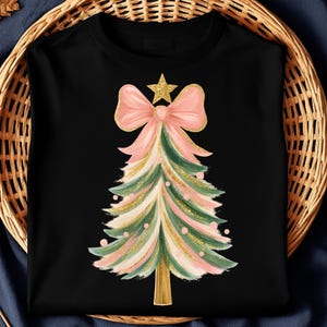 Colorful Christmas Tree PNG – Hand Drawn Brush Strokes – Coquette Pink Bow – Faux Gold Glitter – Festive Holiday Clipart