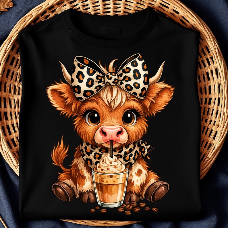 Puede incluir: Sudadera negra con un ternero de dibujos animados con un lazo y bufanda con estampado de leopardo, sosteniendo una bebida de caf&eacute;. El ternero es marr&oacute;n y blanco con ojos grandes. Los granos de caf&eacute; est&aacute;n esparcidos alrededor de la bebida.
